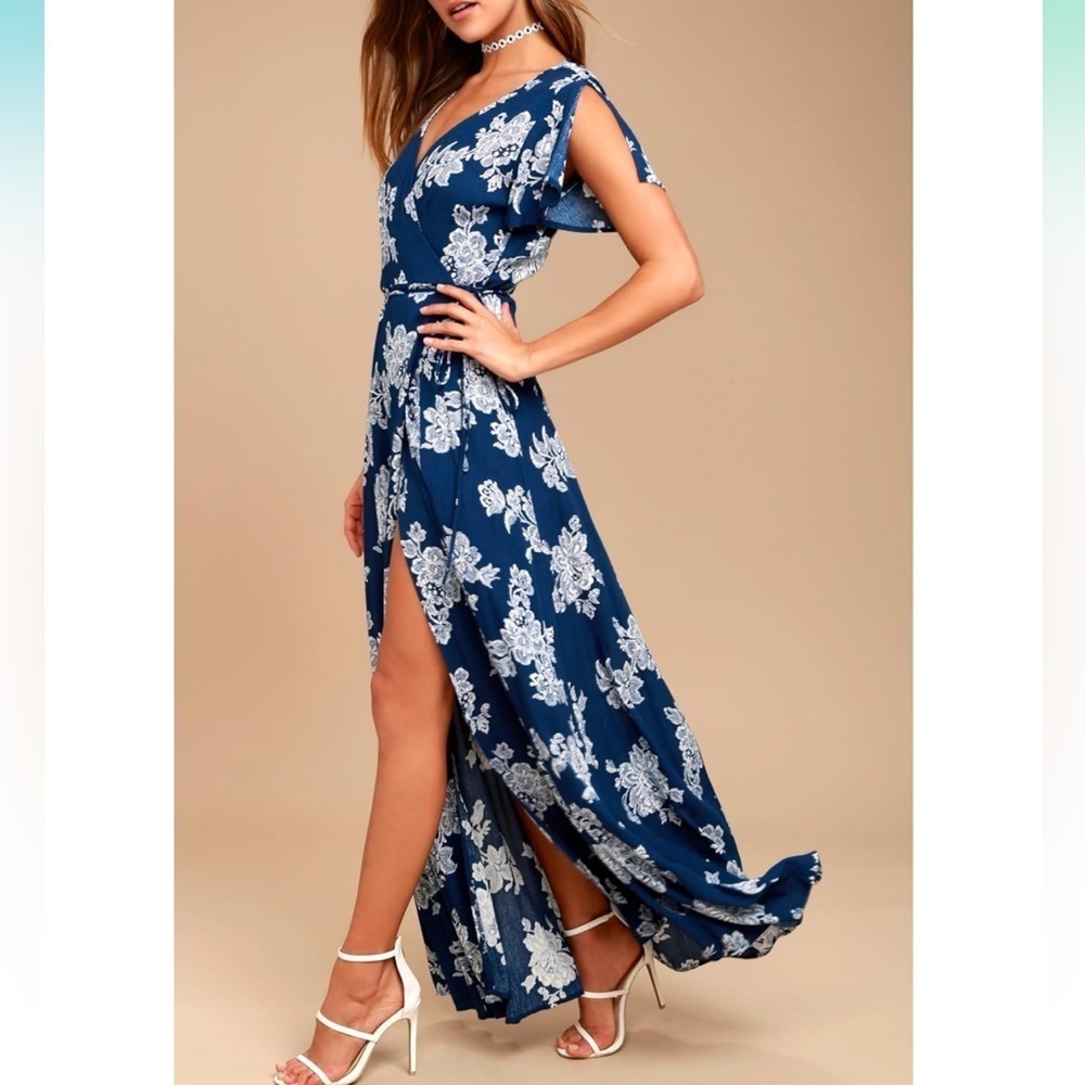 Lulus Heart of Marigold Navy Blue Floral Print Wrap‎ Maxi Dress Small - Picture 2 of 9